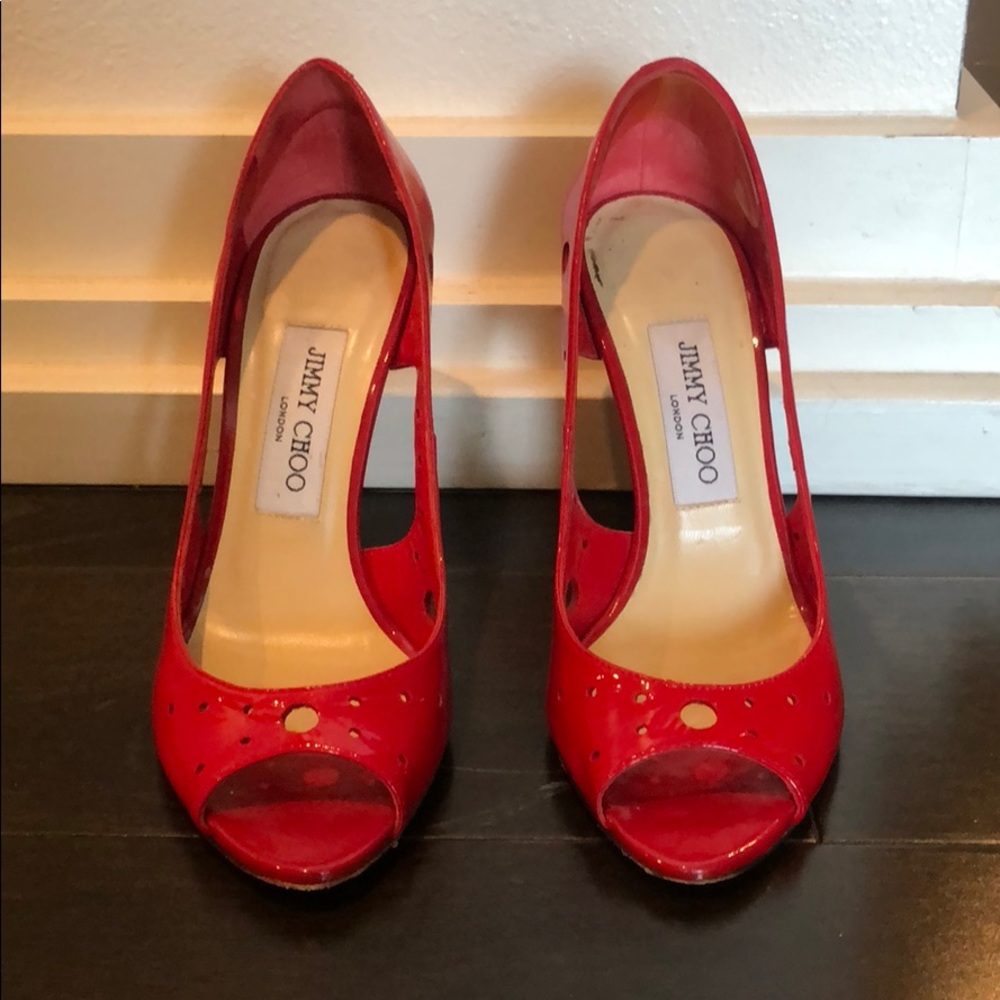 Jimmy Choo red patent leather open tie pump.